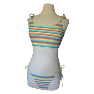 Forever 21 Rainbow Striped Tie-Shoulder Bikini Set - L